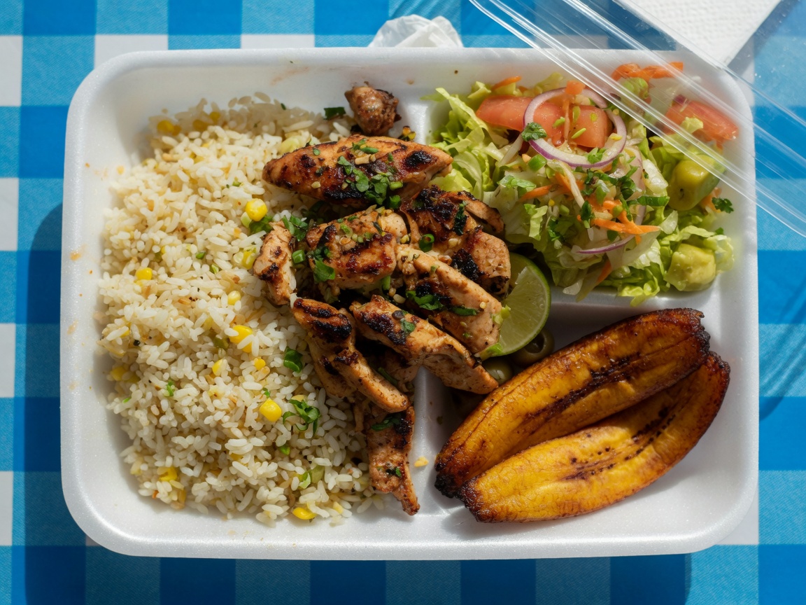 Bandeja de almuerzo con pollo, arroz, ensalada y maduro