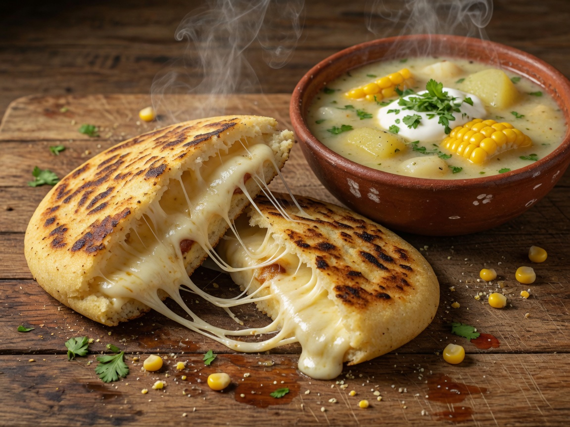 Arepa de queso y ajiaco en cazuela
