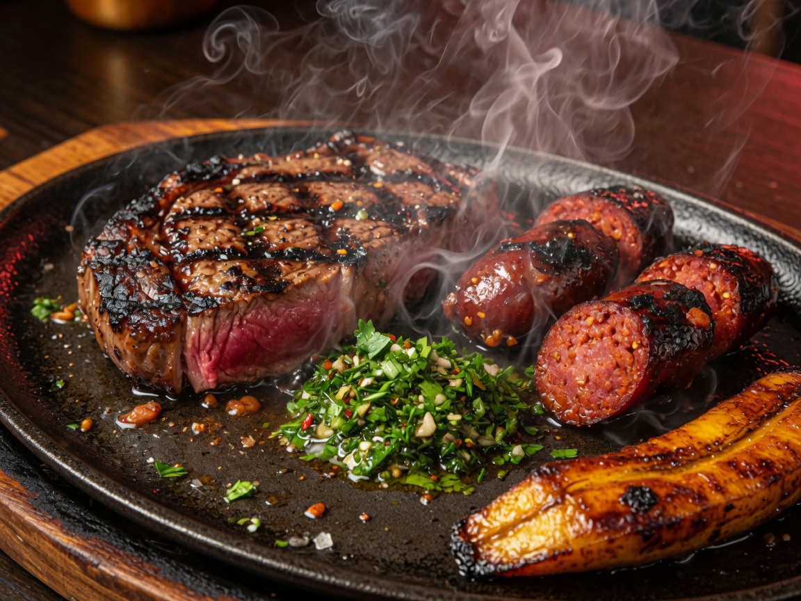 Carne y chorizo a la parrilla con chimichurri