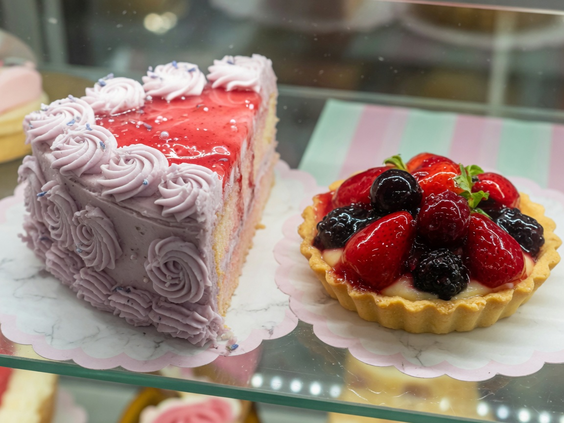 Torta y tartaleta de frutas en vitrina